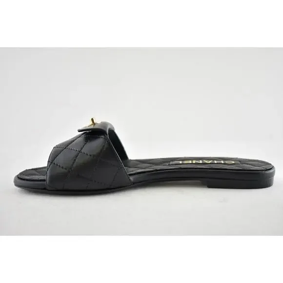 Chanel REV Black Turnlock Quilted Gold CC Logo Mules Slide Sandal Flop Flat 37 - Picture 9 of 12